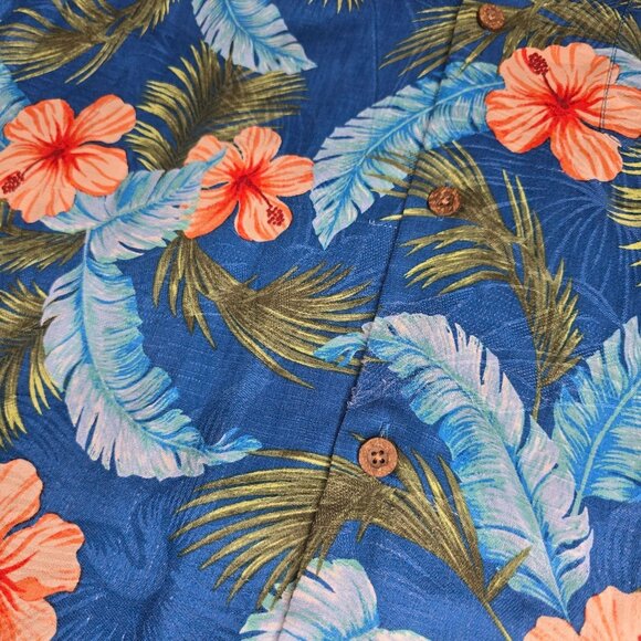 Tommy Bahama silk Mens Hawaiian Floral Short Sleeve Shirt L/ G Blue Orange Cotto - Picture 7 of 10